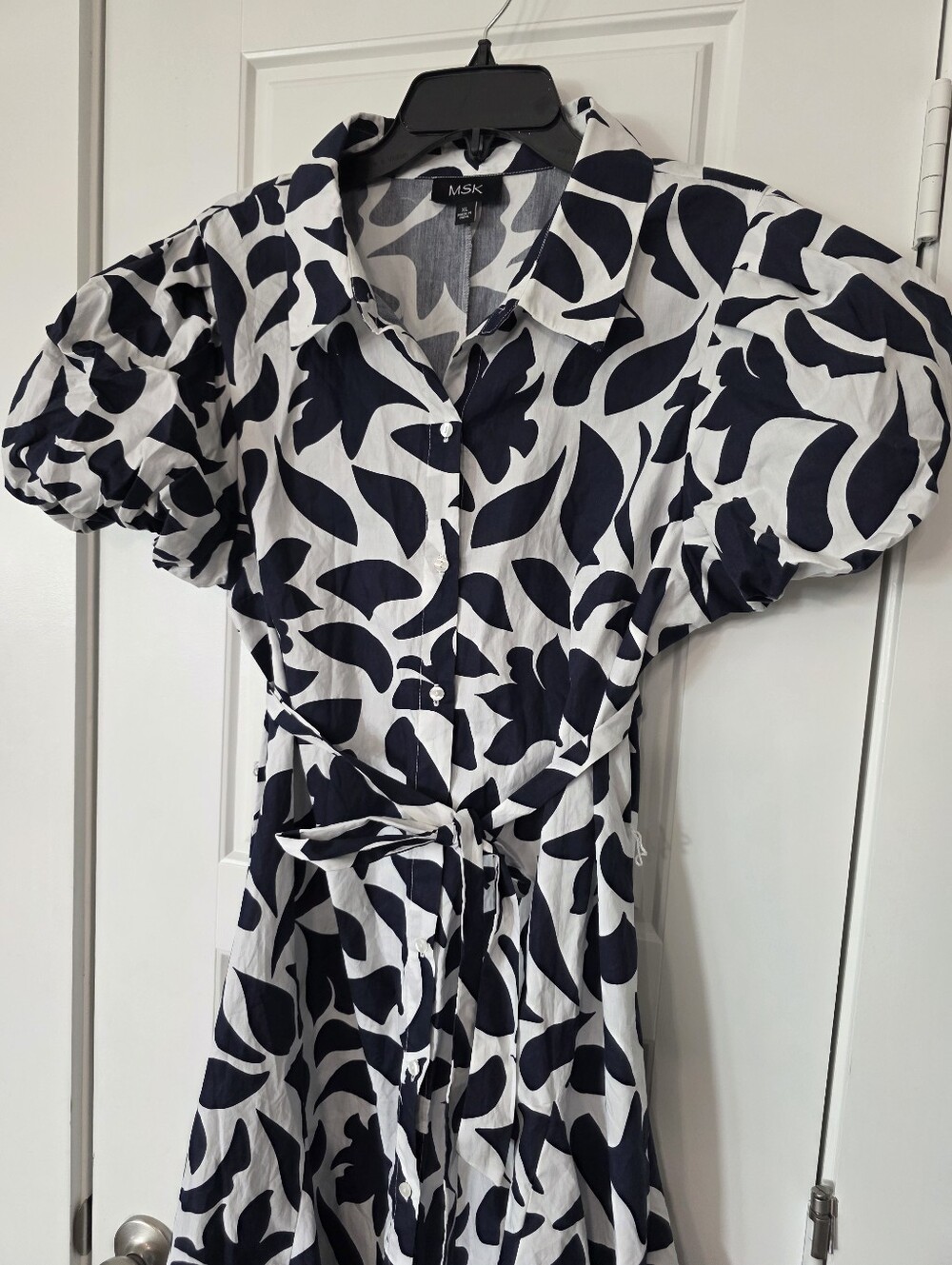 MSK Black White Abstract Print Shirt Dress XL Puff Sleeve Belted Button Front - Picture 3 of 9